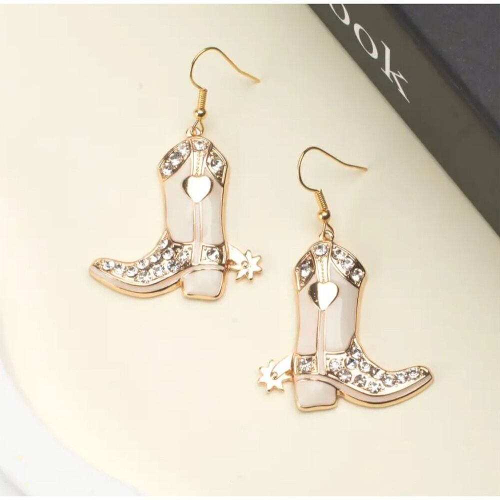 14k Gold Plated Western GOLD Boot Earrings Cowgirl Dangle Rhinestones Rodeo - Picture 3 of 5